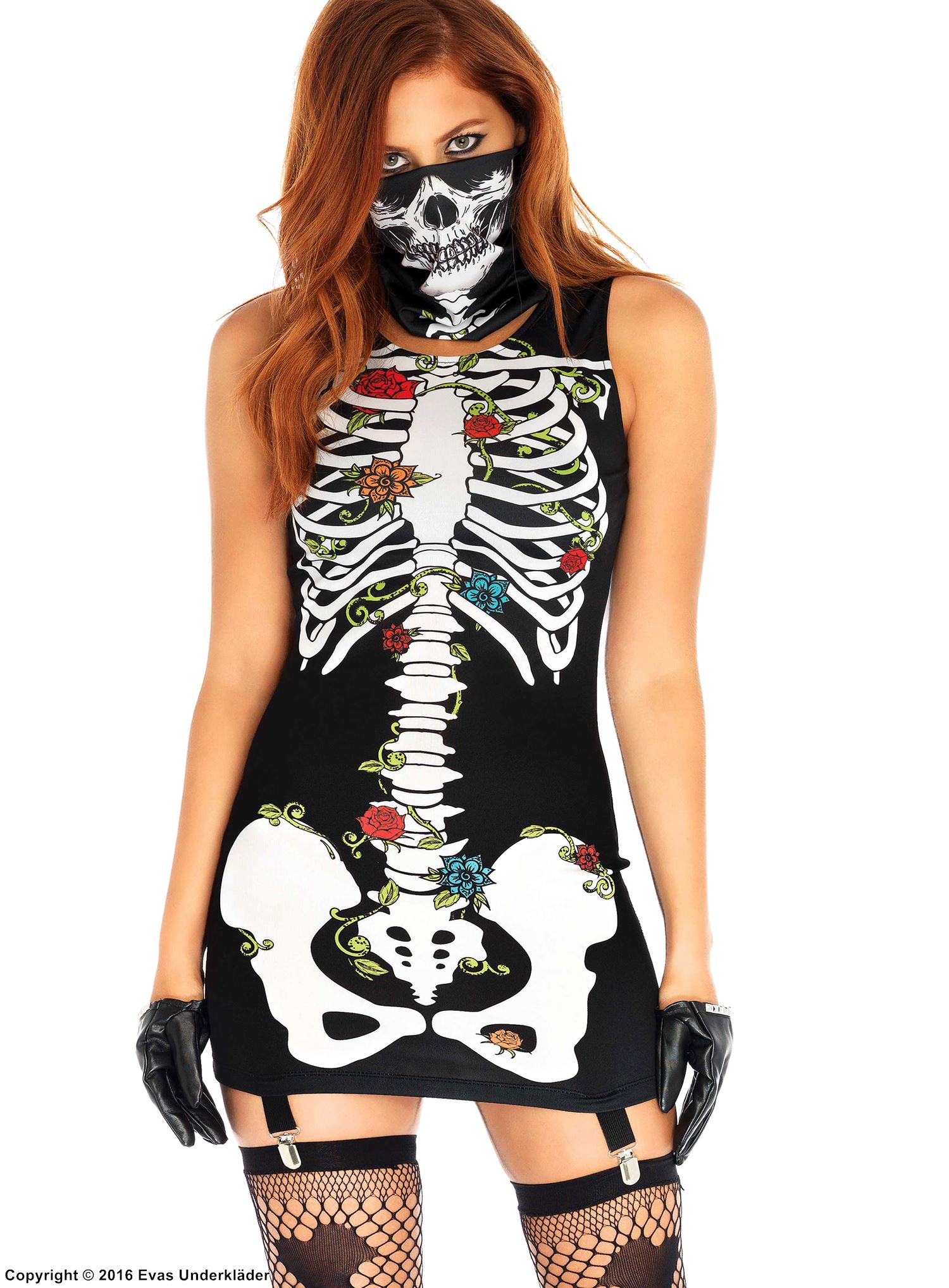 Minikleid, glatte Rückseite, eingebauter Strumpfbandgurte, Rosen, Skeleton